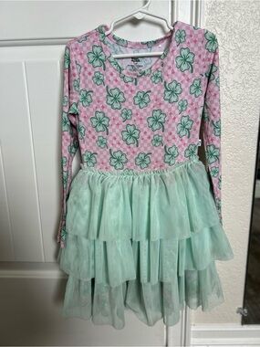 Girls Pink Floral Long-Sleeve Dress with Mint Tiered Tulle Skirt